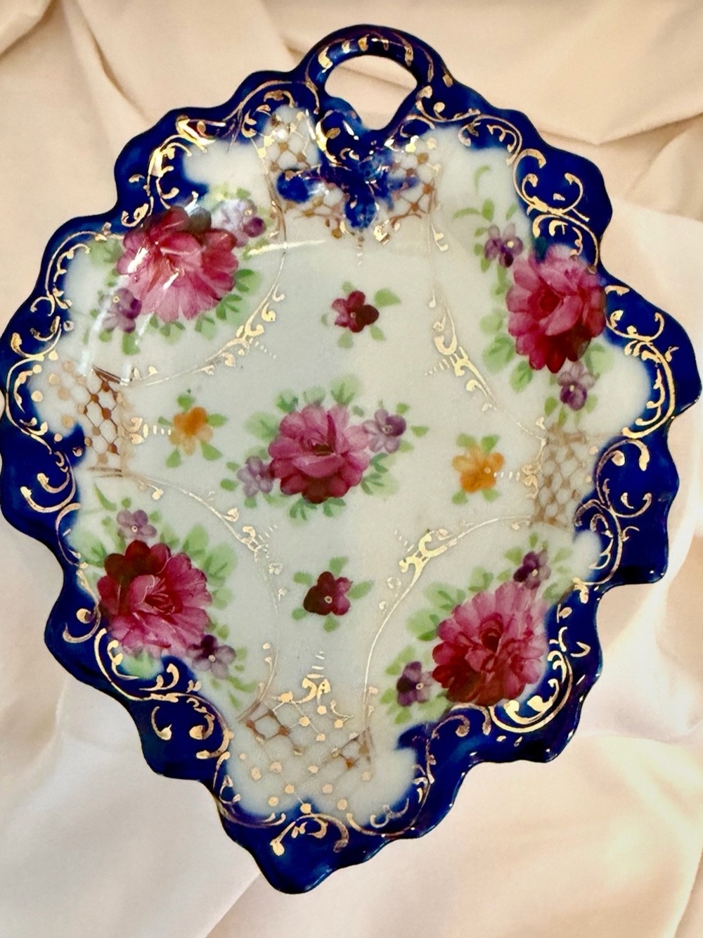 Vintage Hand-Painted Floral Porcelain Trinket dish Blue and Pink.